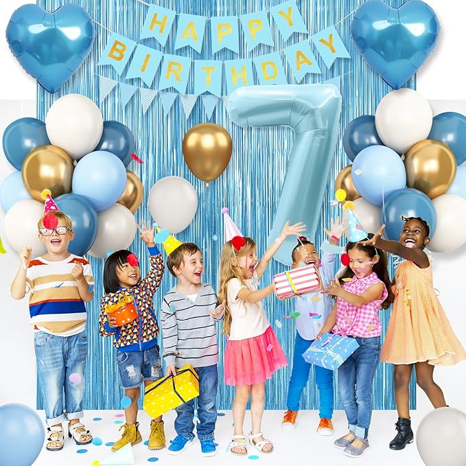 7th Birthday Decorations Blue White Gold,7th Birthday Balloons with Happy Birthday Banner Fringe Curtain Heart Foil Balloons for Boys Girls 7 Year Old Birthday Decor