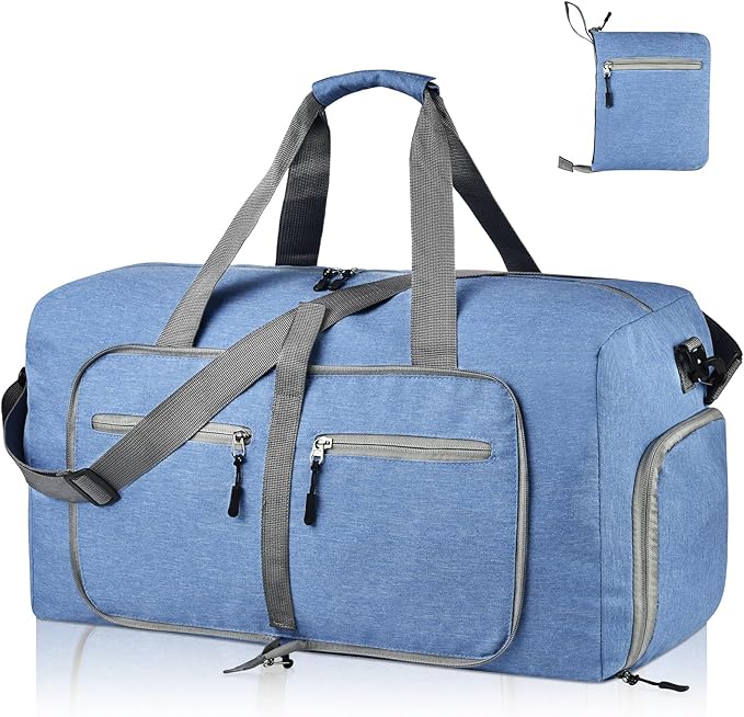 Dimayar 65L Travel Duffle Bag for Men Women - Foldable Duffel Bag with Shoes Compartment - Overnight Bags Waterproof & Tear Resistant(Blue)