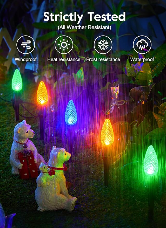 C9 Christmas Pathway Lights Outdoor, 25.7 Feet 20 LED C9 Strawberry Walkway Lights with Marker Stakes, Connectable Shatterproof C9 String Lights for Outside Yard Decorations, Multicolored, 2 Pack