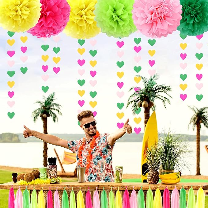Hawaii Pool Party-Decorations Love-Heart Garland - 52Ft Tropical Jungle Birthday Bachelorette Hanging Decoration Streamers Banner, Summer Beach Baby Shower Supplies Backdrop Decor Panduola