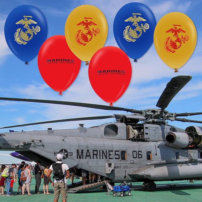 U.S. Marines Party Balloons (10pcs) 12” Latex Balloons in Red, Gold, and Blue with contrasting print on 2 sides. Officially Licensed by the U.S.Marines - Made in Italy - by Havercamp.