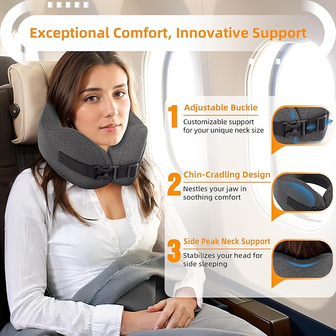 Neck Pillow Airplane Travel Set - Pure Memory Foam Travel Neck Pillow, Plane Pillow for Long Flights Essentials, Sleeping with 3D Contoured Eye Mask, Earplugs, Portable Bag (Darkgray-M)