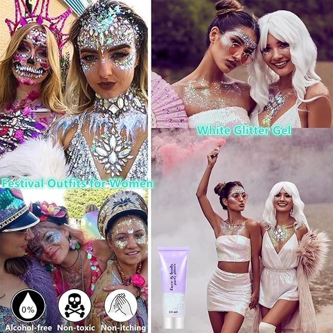 Go Ho Pink and White Body Glitter Set,Singer Concerts Face Glitter Gel Makeup,Holographic Long Lasting Chunky Sequins Glitters for Eye Lip Hair Nails,Festival Rave Accessories,White&Pink