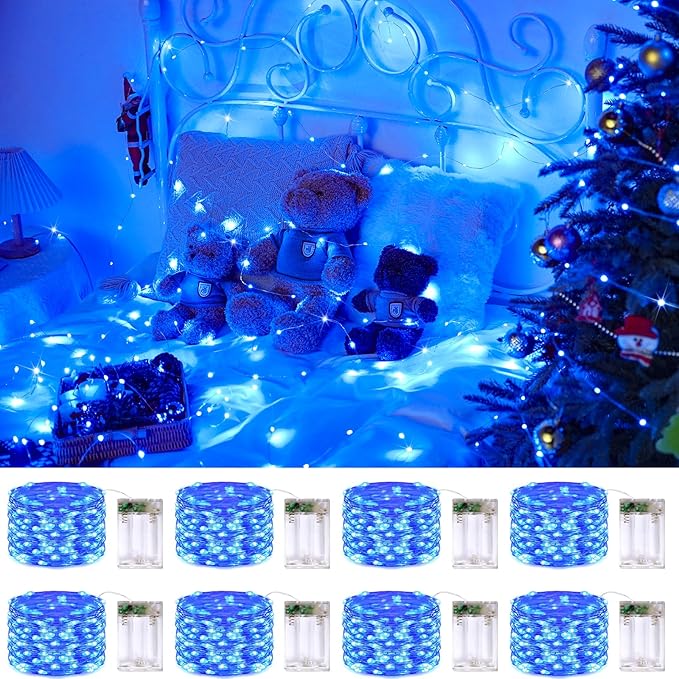 JMEXSUSS 8 Pack 50 LED Blue Fairy Lights Battery Operated, Twinkle Blue Christmas Lights Indoor Outdoor Decorations