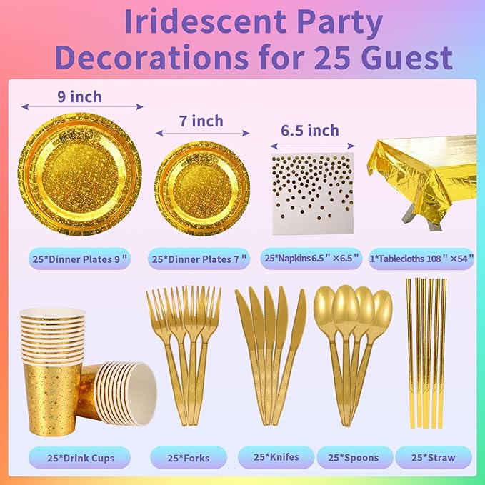 Sparkling Star Patterned Disposable Tableware Set, 201 Pieces, Tablecloths, Cutlery, Napkins, Cups, Straws, Plates for Parties, Birthdays, Graduations, Kids Events. 25Guest (Gold)