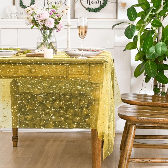 Horaldaily Yellow Gold Sparkling Star Gauze Tablecloth 60x104 Inch Rectangular, Golden Star Sequin Glitter Metallic Foil, Sheer Tulle Cheesecloth for Wedding Baby Shower Party