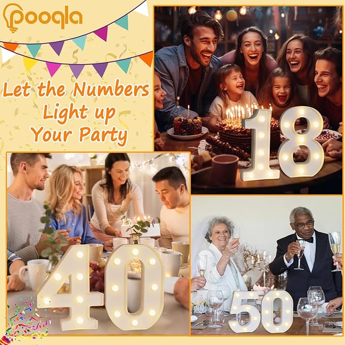 Pooqla Decorative LED Light Up Number Letters, White Plastic Marquee Lights Sign Party Wedding Decor, Battery Operated (3)