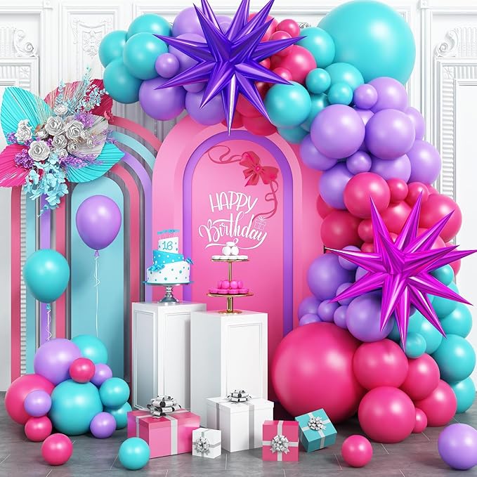 Hot Pink and Teal Blue Balloon Arch Garland Kit, Purple Rose Red Teal Blue Hot Pink Turquoise Party Balloons for Birthday Baby Shower Wedding Anniversary Party Decorations Supplies