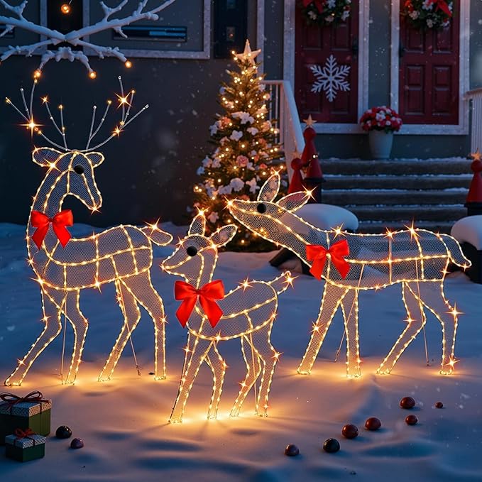 [3-Piece Reindeer Christmas Decorations Outdoor] 2D Lighted Deer Family with 260 LED Light. Durable Yard Lawn Holiday Decor, Outdoor Lighted Holiday Display for Yard Lawn Garden-White