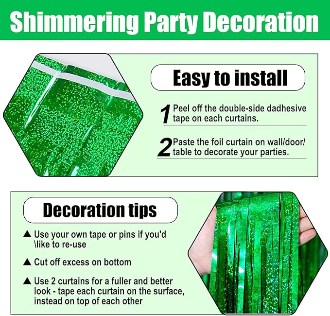 3 Pack Green Foil Fringe Curtain Backdrop, 3.28Ft x 8.2Ft Metallic Tinsel Foil Fringe Streamer Curtains for Photo Booth, Mother's Day, Easter, Birthday, Wedding Party Decorations