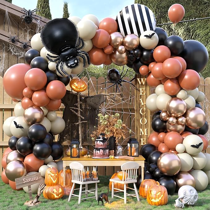 Halloween Balloon Arch Garland Kit, Black Burnt Orange Sand White Retro Orange Balloons, Spider and Black Striped Foil Balloons for Kids Halloween Birthday Party Decorations Baby Shower Backdrop