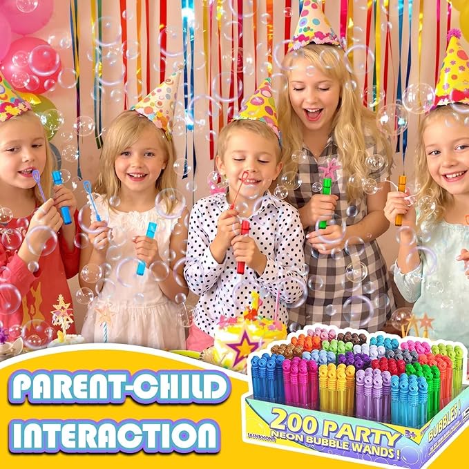 Mini Bubble Wands Bulk 200 Pack 20 Colors, Party Favors Toys for Kids Child, Christmas Celebration,Thanksgiving New Year, Themed Birthday, Wedding, Summer Outdoor, Bath Time, Gifts Box for Girls Boys
