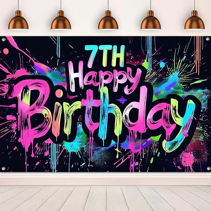 Neon 7th Happy Birthday Banner 71x43 Inch Paint Splatter Glow in The Dark Party Backdrop Colorful Wall Decor for Kids Boys Girls Seventh Birthday Celebrations Photo Booth Props Event