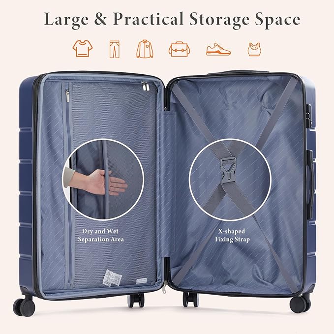 Sweetcrispy Carry on Suitcase, Luggage with Spinner Wheels, Hard Shell ABS, TSA Lock, Blue, 3-PCS Set (20/24/28 inch)