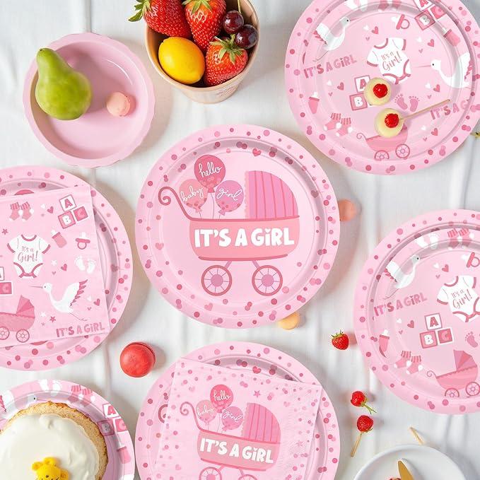 Baby Girl Shower Decorations for 24 Guests - It’s A Girl Decorations Kit Including Disposable Plates, Napkins, Cups, Tablecloth & Banner for Baby Shower Decorations Girl