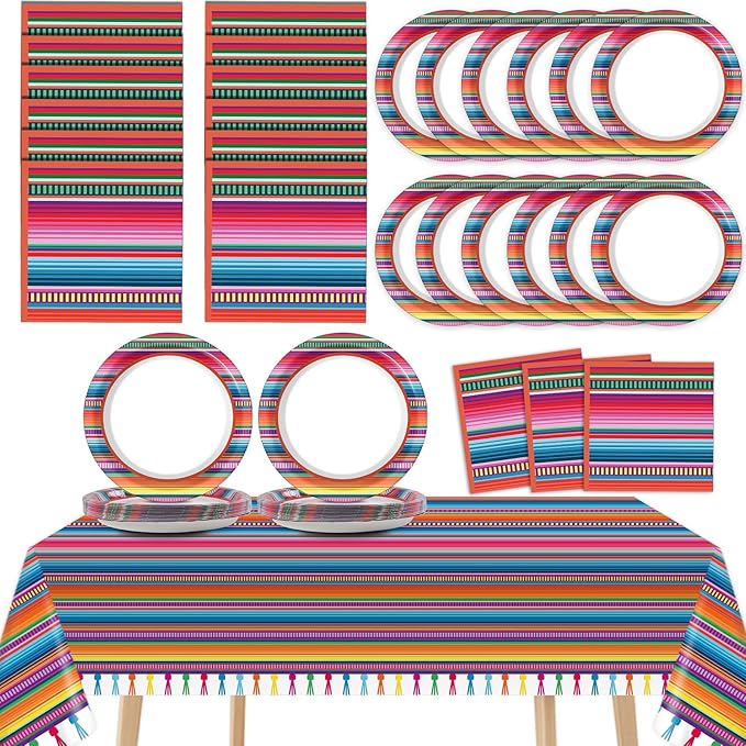 Qyeahkj Mexican Serape Fiesta Party Supplies Serves 24 Mayo Party Paper Plates Napkins Colorful Stripes Mexico Tablecloth Set Tableware Kit for Pinata Taco Ponchos Dance Day of The Dead Favor