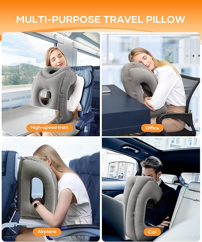 Sunany Travel Pillow, Upgraded Plane Pillow for Long Flights, Inflatable Neck Pillow Used for Airplanes,Cars,Buses,Trains,Office Napping with Eye Mask,Earplugs (Gray)