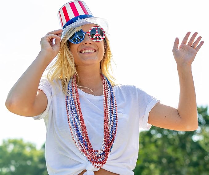 4th of July Necklace Party Favors, 50PCS 4th of July Round Beads Necklace Bulk, Red Blue Silver Necklace, Independence Day Beads Bulk for Patriotic Parade Party Celebration Favor Decor