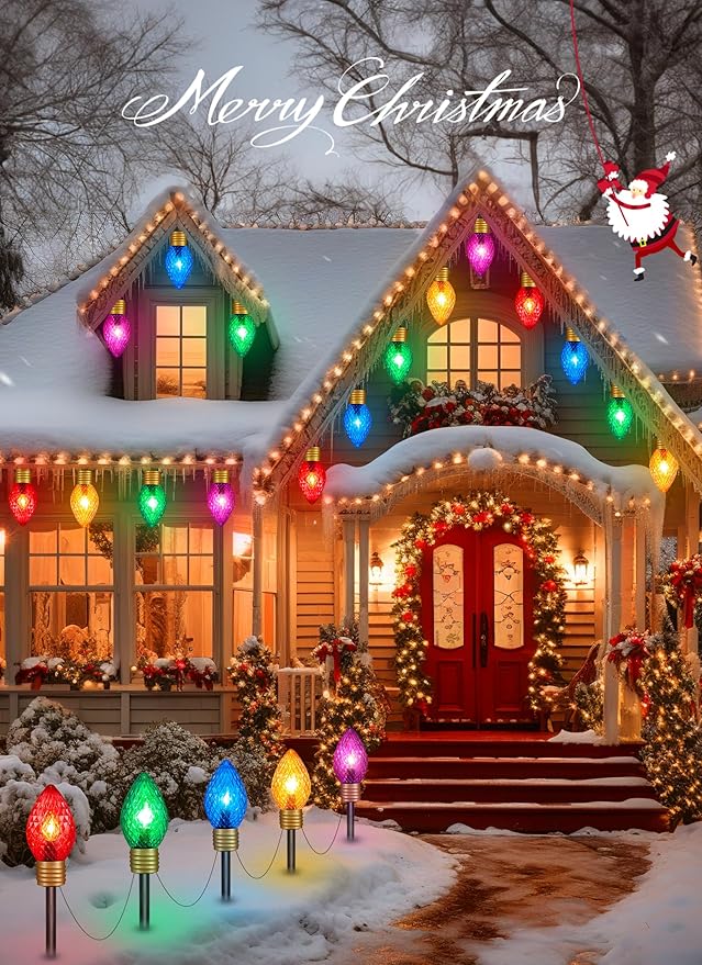 Strawberry Jumbo C9 Christmas Lights Outdoor - 4 Pack Total 34FT 20 LED Jumbo C9 Christmas Pathway Lights Outdoor, C9 Walkway Lights, Christmas Decoration for Outside Lawn Holiday, Multicolor
