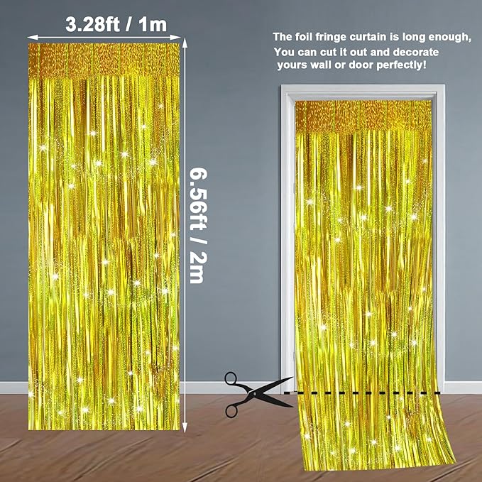 Christmas Gold Backdrops Curtains Party Decorations, Tinsel Streamers for Birthday Decorations, Metallic Photo Booth Props for Wedding, 4Pack 3.28X6.56Ft