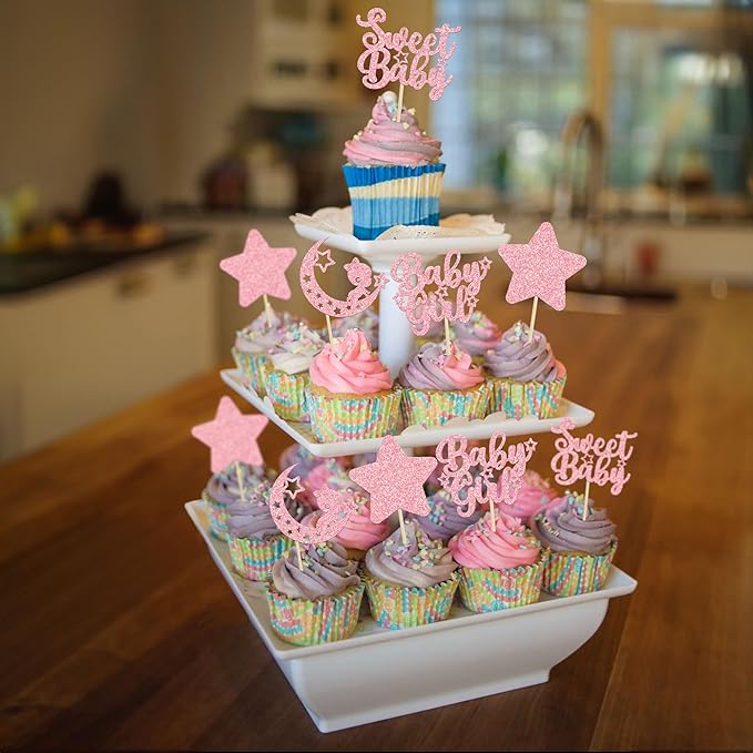 Gyufise 24Pcs Pink Glitter Baby Girl Cupcake Toppers Star Moon Sweet Baby Shower Cupcake Picks Baby Shower Girls Birthday Party Cake Decorations Supplies