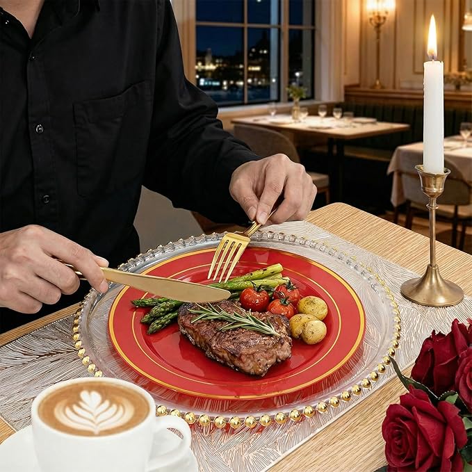 175 Pieces Red Plastic Plates with Gold Rim Include Dinner Plate 10? Dessert Plate 7? gold Cups 9 OZ, Pre Rolled Napkins 25 of each type for Wedding Baby Shower Spring Birthday