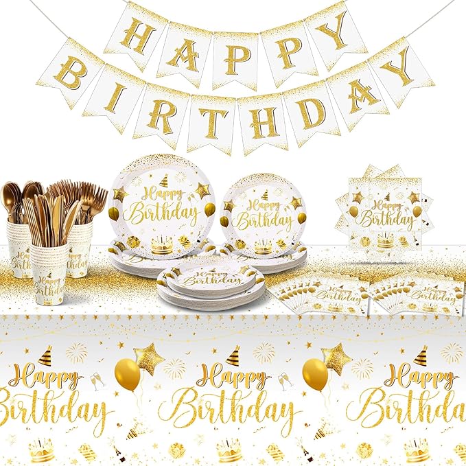Vesici 171 Pcs Happy Birthday Party Supplies 24 Set Disposable Party Tableware include Plates Cups Napkins Cutlery and Banner Tablecloth Birthday Dinner Decorations for Men Woman(White, Gold)