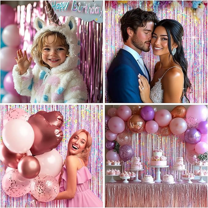 4 Packs Pink Foil Fringe Curtain, Pink Glitter Metallic Tinsel Backdrop for Birthday, Wedding, Baby Shower, Princess Bachelorette Cowgirl Party Decorations Supplies