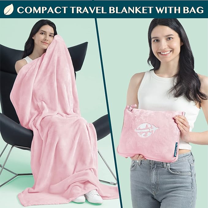 PAVILIA Travel Blanket and Pillow, Arms Opening Airplane Blankets for Adults, Compact Plane Blanket with Arm Hole 2-in-1 Bag for Flight Car Camping Fit in Luggage Backpack Traveler Gift, Pink