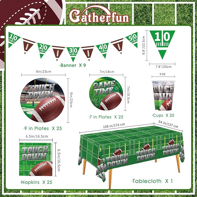Football Party Supplies Kit Serve 25, Includes Disposable Dinner Plates, Dessert Plates, Napkins, Cups,and Football Tablecloth, Football Birthday Party Tailgate Party Decorations