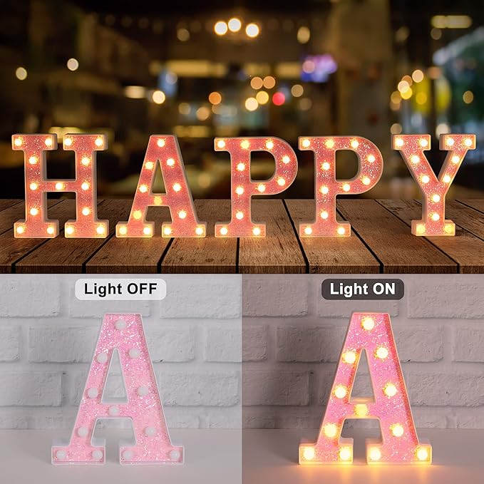 Foaky Pink Light up Letters，Pink Party Decorations,Girls Room Decor,Glitter Light Up Letters,Alphabet Letter Sign for Night Light Birthday Party Girls Gifts, Home Bar Decoration（G）