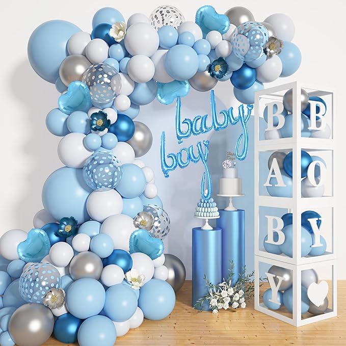 Amandir 137pcs Baby Blue Balloons Baby Shower Decorations for Boy with Baby Boxes, White Blue Balloon Arch Kit Baby Boxes with Letter (A-Z+Baby+Boy) for Boy 1st Birthday Gender Reveal Party Supplies