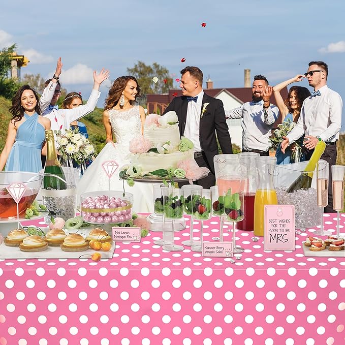 WNINK 4 Pack Pink and White Polka Dot Tablecloths – Pink Disposable Plastic Waterproof Table Cover, 54" x 108", for Birthday, Wedding, Bridal Shower, Bachelor, Pink Girl Party, and Picnic