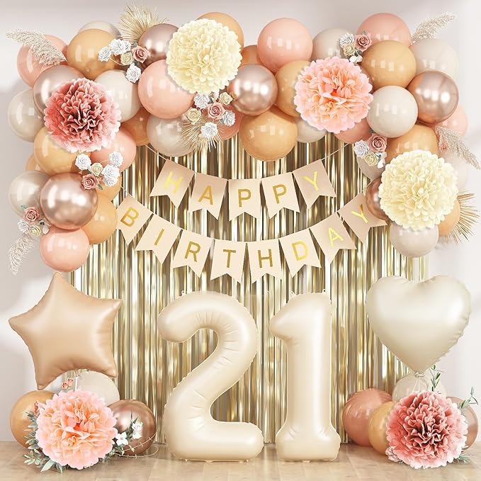 Beige 21st Birthday Decorations for Her Cream Number 21 Balloon Nude Gold Happy Birthday Banner Fringe Curtain Paper Pom Poms Blush White Sand Champagne Star Foil Balloons Neutral Boho Party Decor