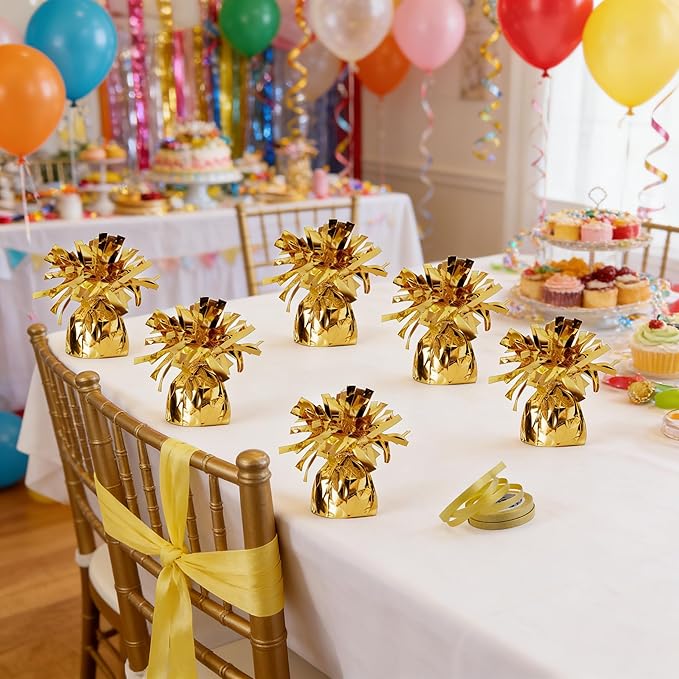 Aluminum Foil Balloon Weights for Parties (6 pcs) - 0.31lb (140g) Each - Premium Balloon Anchors for Birthday, Wedding, Dinner, Indoor & Outdoor Decorations(Gold 6pcs)