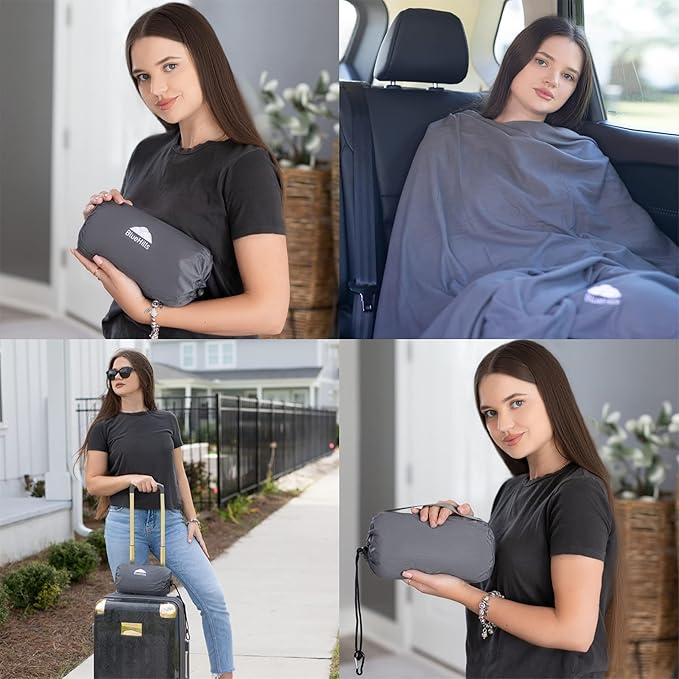 BlueHills Ultra Compact Travel Blanket Pillow in Portable Bag Case Soft 70 X 56 with Strap Backpack Clip Premium Cozy Soft Compact Pack Large Blanket for Airplane Flight Layover Grey - Gray C002