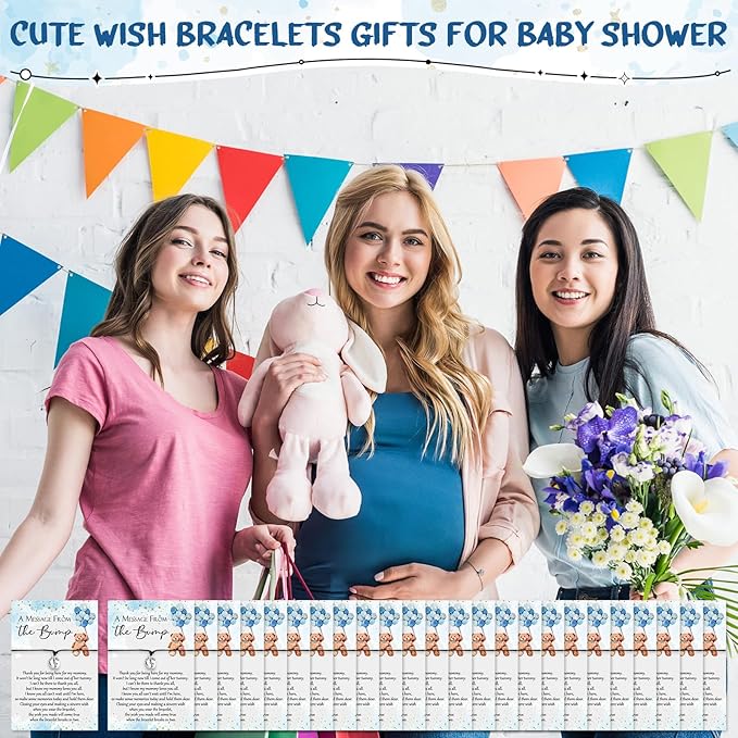 Thyle 50 Set Blue Bear Baby Shower Favors for Guests Adjustable Bracelets with Message from the Bump Card Footprints Charm Baby Shower Bracelets for Gender Reveal Thank You Gifts