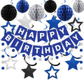 meowtastic Birthday Decorations, Happy Birthday Banner with Honeycomb Balls, Star Hanging Swirl Streamer, Circle Dot Garland, Happy Birthday Party Decorations for Women Men Boys Girls (Blue & Silver)