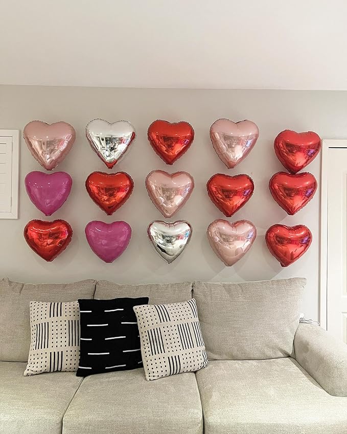 Red Heart Shaped balloons Pack of 12,18 Inch Silver Love Valentine Balloons Pink Heart Romantic Balloons For Valentines Day Propose Marriage Wedding Bridal Shower Engagement Party Decorations