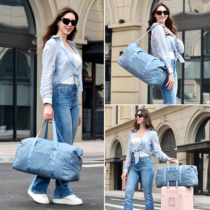 Carry on luaggage 22x14x9 Airlines Approved, Foldable Travel Duffel Bags Weekender Overnight Carry on Duffel Luggage Gym Duffle Bag with Wet Pocket & Shoe Compartment for Women Men(Blue, 40L)