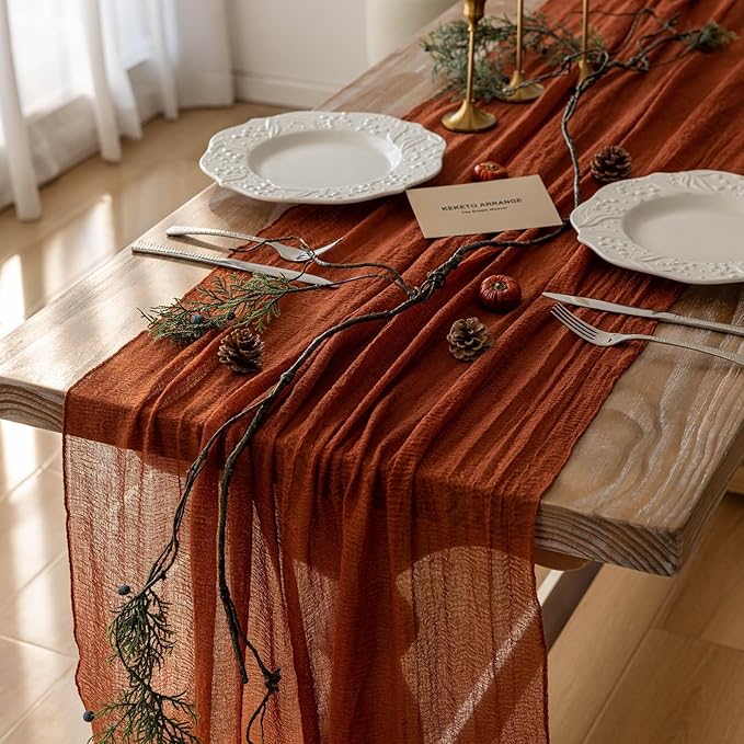 Keketoarrange 3pcs Fall Terracotta Table Runner Rust Gauze Rustic Cheesecloth 120 Inch 10 FT for Wedding Baby Shower Bridal Shower Birthday Engagement Garden Party Sheer Boho Thanksgiving Decorations