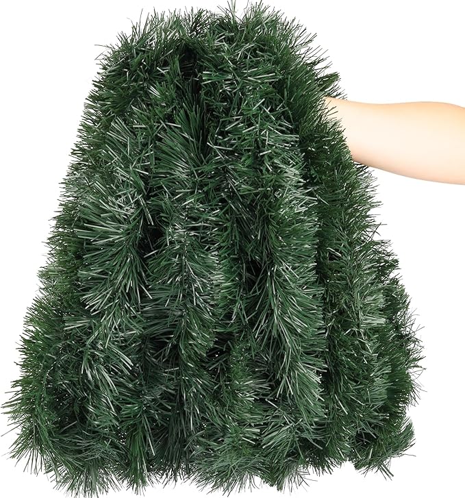 50FT Green Christmas Tinsel Garland, Artificial Greenery Garland for Tree Decorations, Faux PVC Soft Metallic Tinsel Twist Garlands for Xmas Home Indoor Decor