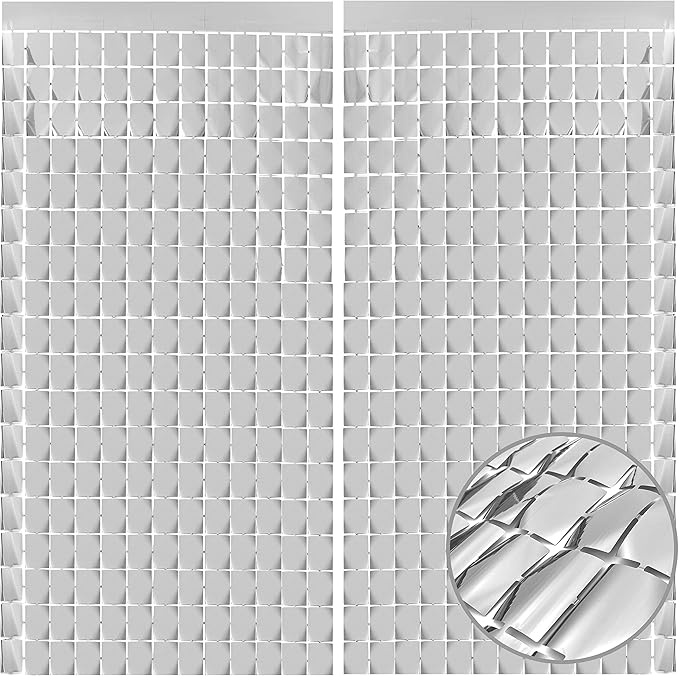 PADELO Silver Shimmer Wall Backdrop, Square Backdrop Curtain,2Pcs 3.3x6.6 Feet Silver Streamer Backdrop for Party Decorations