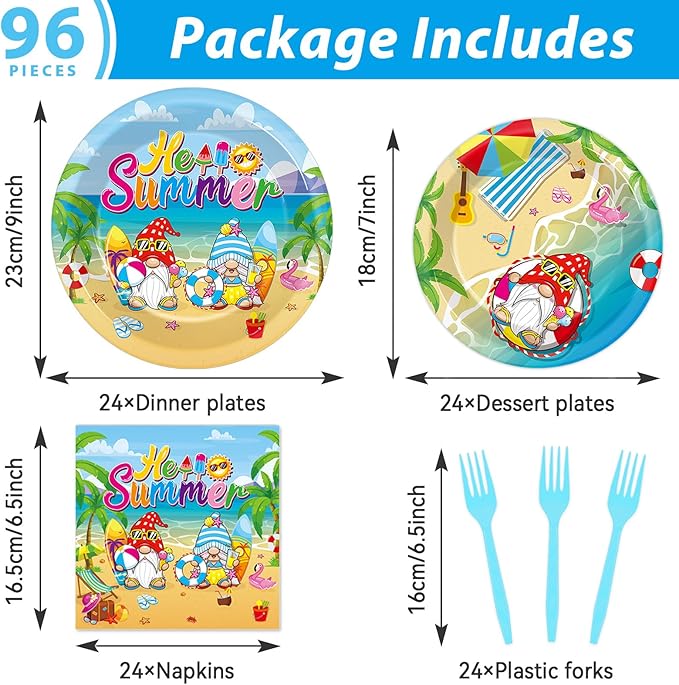 96 Pcs Hello Summer Beach Party Plates Napkins Tableware Set End of School Year Pool Party Birthday Supplies Disposable Dinnerware School's Out Gnome Themed Decoration Favors for Kids, 24 Guests