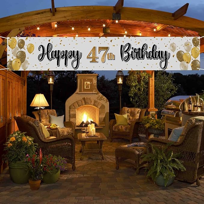 Happy 47th Birthday Decorations,47th Gold Balloon Large Birthday Hanging Banner Sign,47 Years Old Bday Party Supplies.