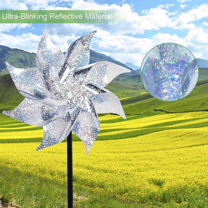 Hausse 10 Pack Reflective Pinwheels with Stakes (Assembly Required), Extra Sparkly Pin Wheel for Garden Decor, Bird Repellent Devices Deterrent to Scare Birds Away from Yard Patio Farm