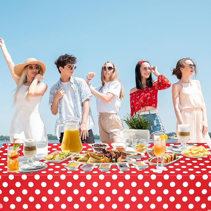 WNINK 2 Pack Red and White Polka Dot Tablecloths – Disposable Plastic Waterproof Table Cover, 54" x 108", for Birthday, Wedding, Bridal Shower, Bachelor Party, and Picnic