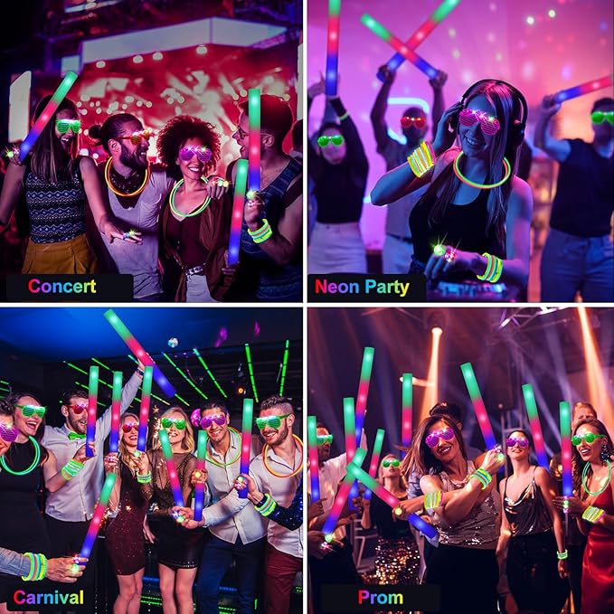 150 PCS Glow in the Dark Party Supplies, 16 Foam Sticks, 16 LED Glasses, 100 Glow Sticks and 18 Finger Lights for Neon Party, Wedding, Birthday, Concert, New Year, Carnivals, Raves