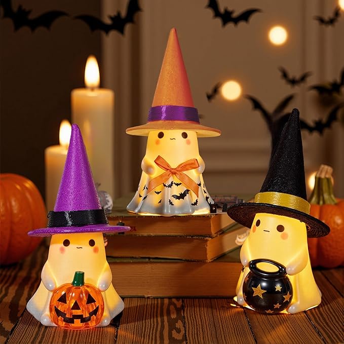 Halloween Decorations Indoor,3Pcs Cute Spooky Ceramic Ghost Halloween Decorations,Ghost Figurines with Hats - Adorable Tabletop Decor for Mantel,Party, Home, Porch Decor