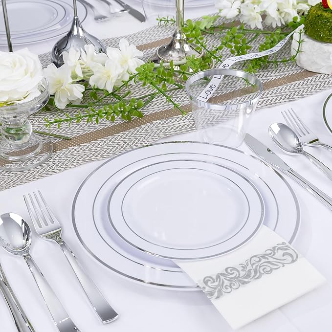 WELLIFE 700 Pieces Silver Plastic Dinnerware Set for 100 Guests - Includes Plates, Cups, Napkins, and Disposable Cutlery - Elegant White & Silver Design, Perfect for Parties and Events